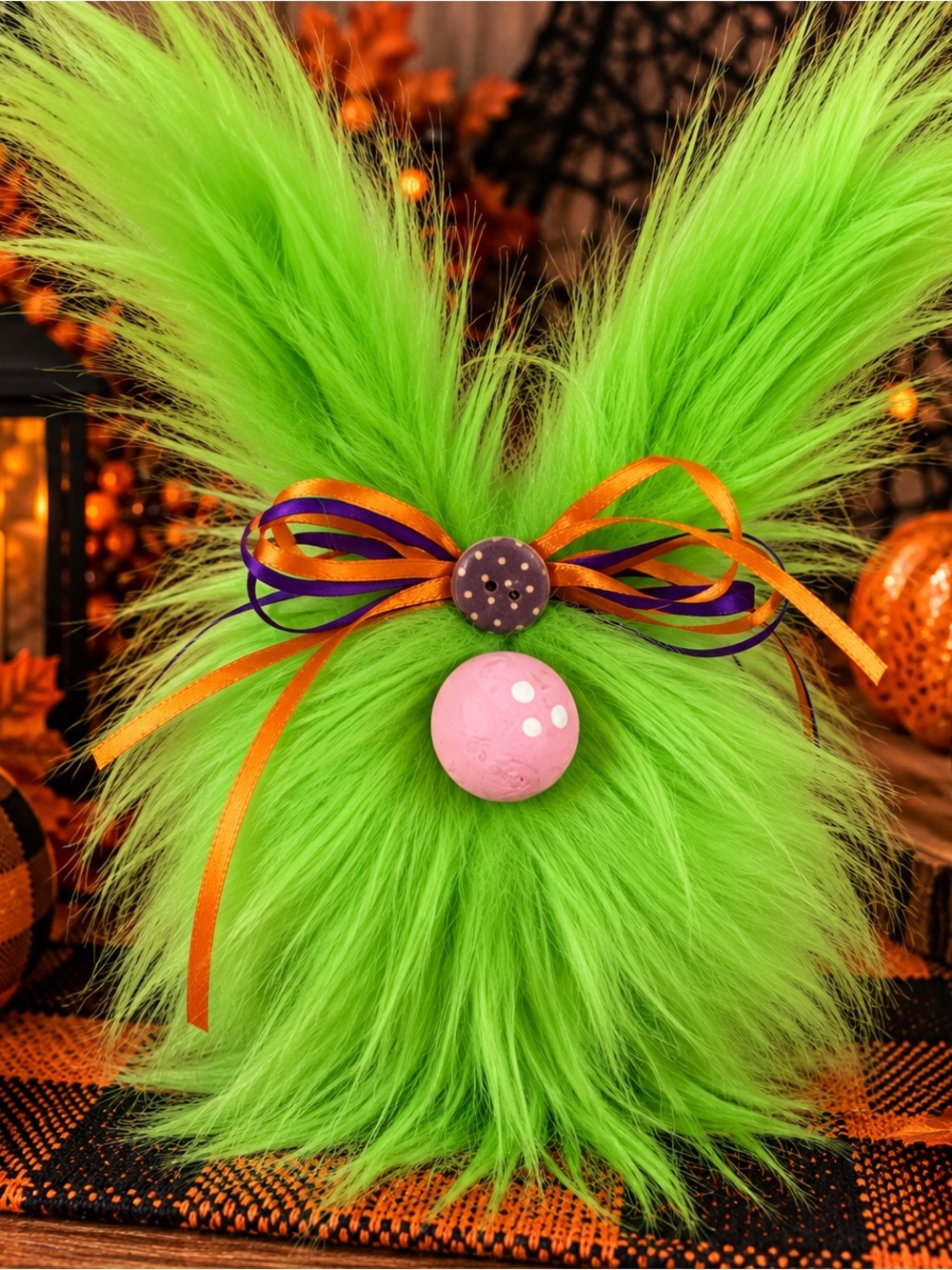 Halloween Frazzled Gnome Lime Green Bunny, Handmade Faux Fur Decor